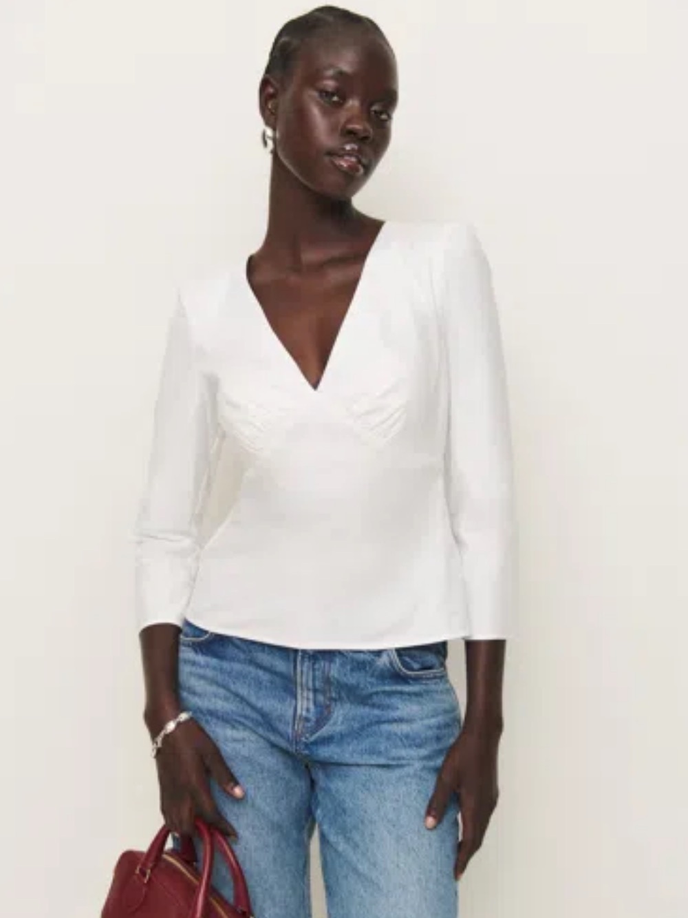 Reformation White V-Neck Gathered Bust Blouse- Marisa Top